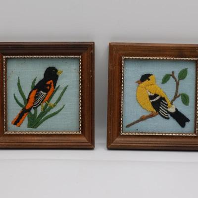 Two Framed Vintage Embroidered Birds