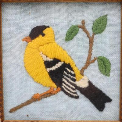 Two Framed Vintage Embroidered Birds