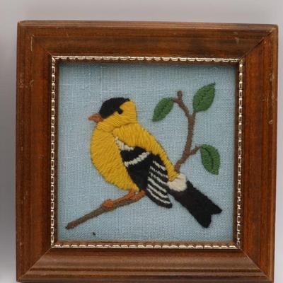 Two Framed Vintage Embroidered Birds