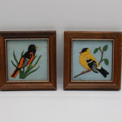 Two Framed Vintage Embroidered Birds