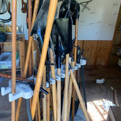 Large Yard Tools Lot w/ Storage Rack Shovels Hoe Rake Spade More