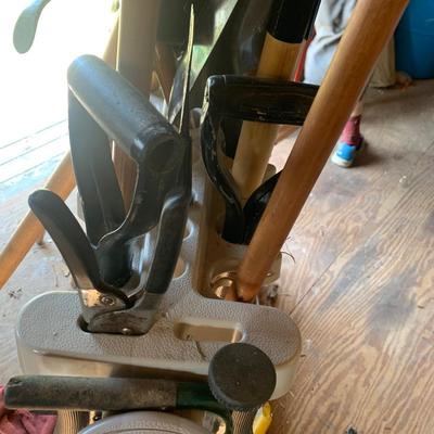 Large Yard Tools Lot w/ Storage Rack Shovels Hoe Rake Spade More