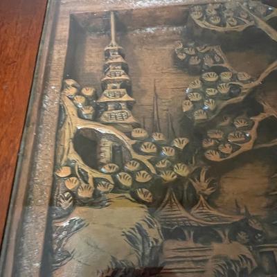 Pair Vintage “Far Eastern Furnishings” Carved Top End Side Tables