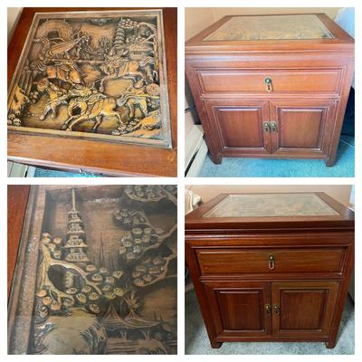 Pair Vintage “Far Eastern Furnishings” Carved Top End Side Tables