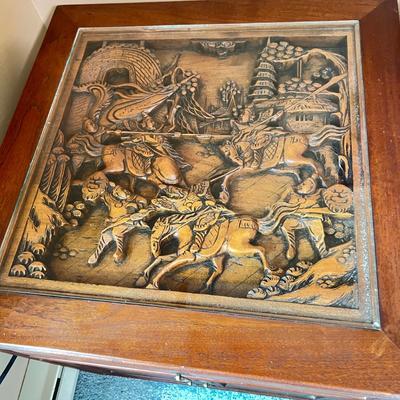 Pair Vintage “Far Eastern Furnishings” Carved Top End Side Tables