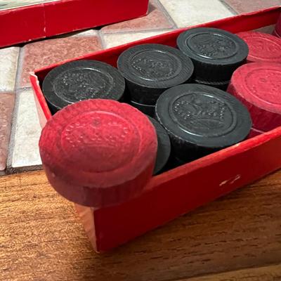 Vintage Tile Top Chesa Checkers Table Drawer Game Pieces