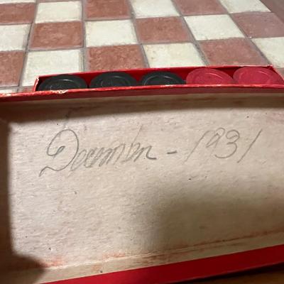 Vintage Tile Top Chesa Checkers Table Drawer Game Pieces