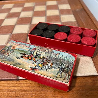 Vintage Tile Top Chesa Checkers Table Drawer Game Pieces