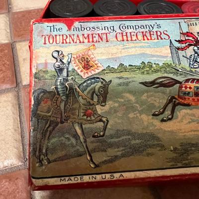 Vintage Tile Top Chesa Checkers Table Drawer Game Pieces