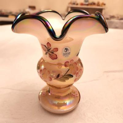 Lot #295 Fenton Vase with Iridescent Crest and Sunset Overlay