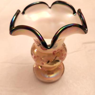 Lot #295 Fenton Vase with Iridescent Crest and Sunset Overlay