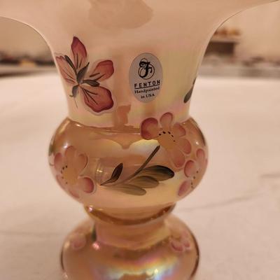 Lot #295 Fenton Vase with Iridescent Crest and Sunset Overlay