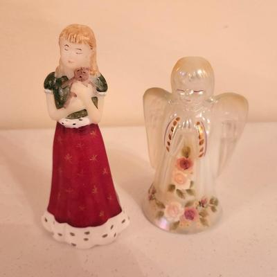 Lot #303 Fenton "Little Sister" figurine and Iridescent Angel Figure