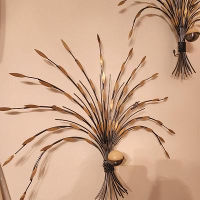 Lot #306 Pair Wheat Sheaf Metal Candle Sconces, dated 1998