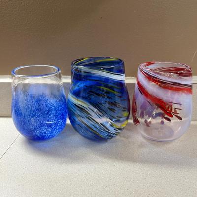 3 Hand Blown Glass Cups Glasses