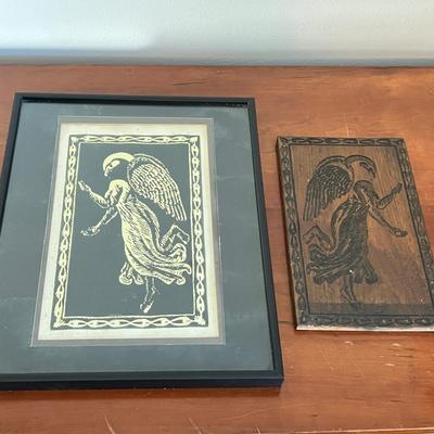 Framed Block Print w Original Wood Carved Block