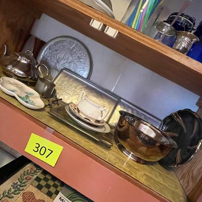 Lot 307 Shelf of metal ware & other