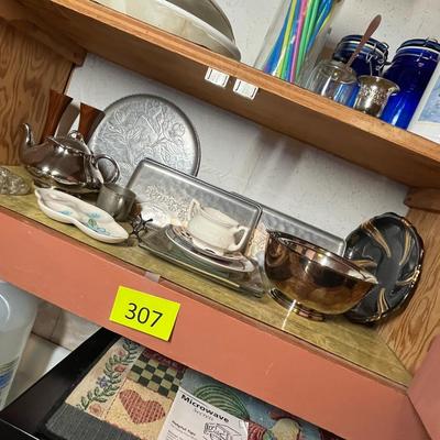 Lot 307 Shelf of metal ware & other