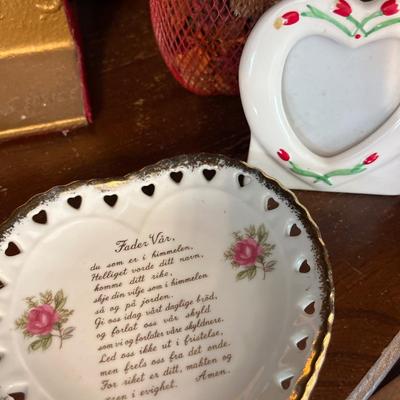 Limoges trinket box, vintage plates, railroad souvenir, brass heart key holder