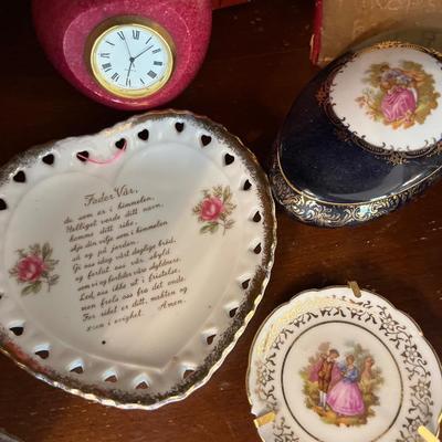 Limoges trinket box, vintage plates, railroad souvenir, brass heart key holder