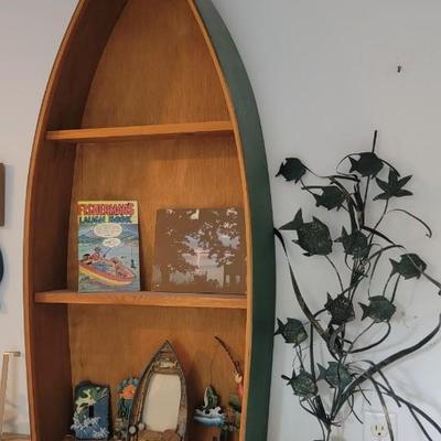 Misc fishing related items & canoe bookshelf