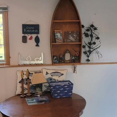 Misc fishing related items & canoe bookshelf