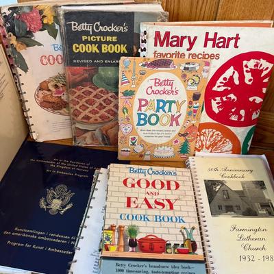 Wood pedestal bowl, cookbooks & plates