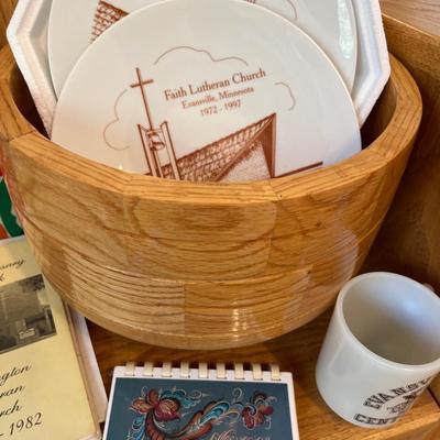 Wood pedestal bowl, cookbooks & plates
