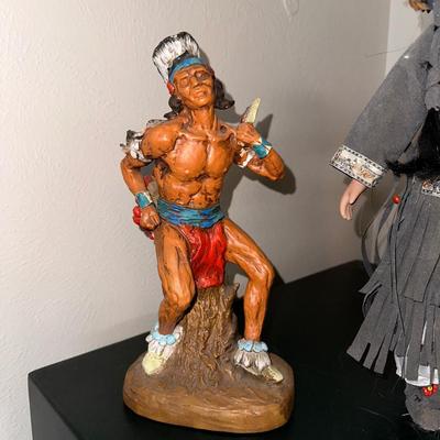 2 NATIVE AMERICAN STATUES WITH A PORCELAIN DOLL