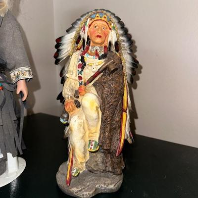 2 NATIVE AMERICAN STATUES WITH A PORCELAIN DOLL