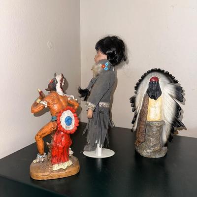 2 NATIVE AMERICAN STATUES WITH A PORCELAIN DOLL