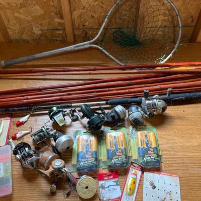fishing gear, including bamboo poles, net, reels, etc.