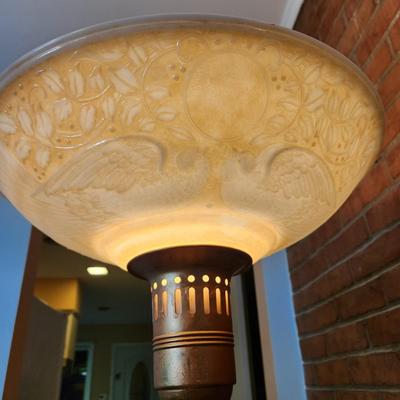 Vintage Metal Torchiere Floor Lamp Thick Ornate Shade w Doves