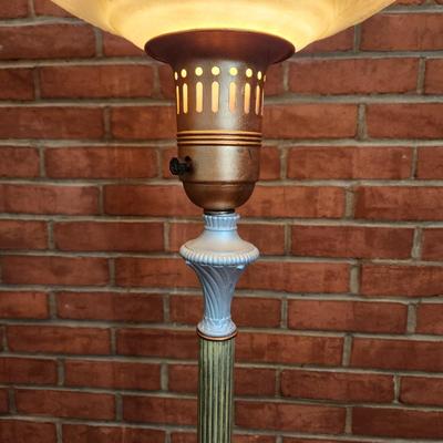 Vintage Metal Torchiere Floor Lamp Thick Ornate Shade w Doves