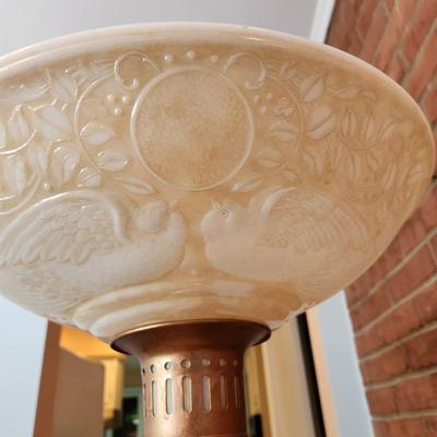 Vintage Metal Torchiere Floor Lamp Thick Ornate Shade w Doves
