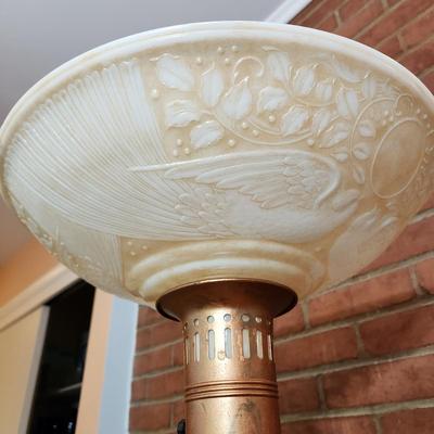 Vintage Metal Torchiere Floor Lamp Thick Ornate Shade w Doves