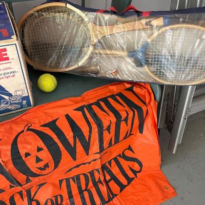 Vintage LiteBrite, Wheaties boxes, badminton set, Minnesota Twins, pennants, and Halloween sign