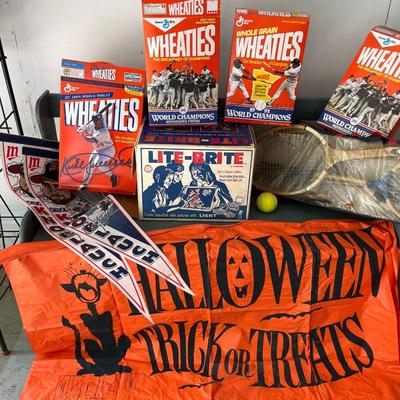 Vintage LiteBrite, Wheaties boxes, badminton set, Minnesota Twins, pennants, and Halloween sign
