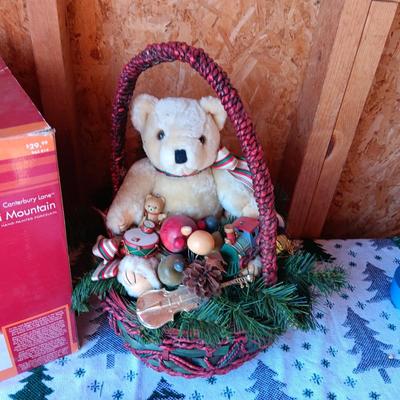 FIBER OPTIC SKI MOUNTAIN, BEAR IN A BASKET AND CANDLE HOLDER
