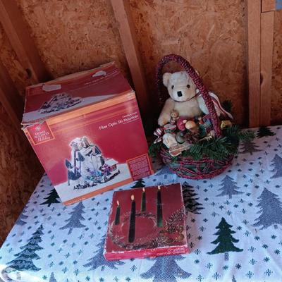FIBER OPTIC SKI MOUNTAIN, BEAR IN A BASKET AND CANDLE HOLDER
