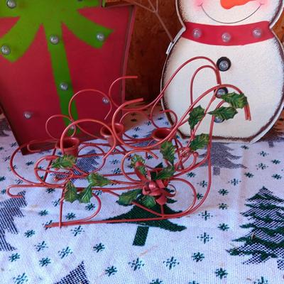 TIN PRE-LIT SNOWMAN AND PRESENT PLUS METAL SLEIGH