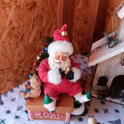 WOODEN CHURCH BIRDHOUSE, SANTA FIGURES AND A BEAR