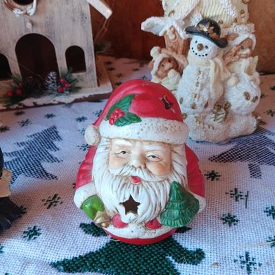 WOODEN CHURCH BIRDHOUSE, SANTA FIGURES AND A BEAR