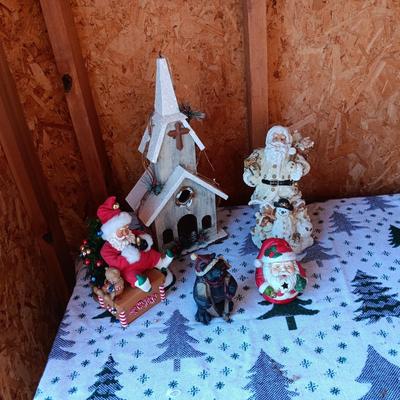 WOODEN CHURCH BIRDHOUSE, SANTA FIGURES AND A BEAR