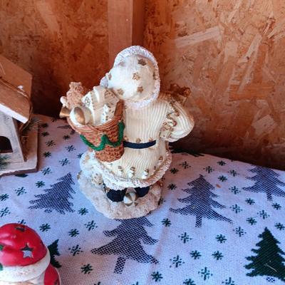 WOODEN CHURCH BIRDHOUSE, SANTA FIGURES AND A BEAR