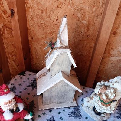 WOODEN CHURCH BIRDHOUSE, SANTA FIGURES AND A BEAR
