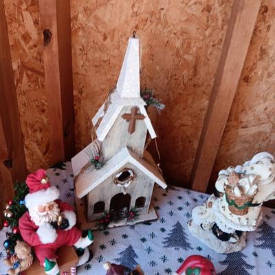 WOODEN CHURCH BIRDHOUSE, SANTA FIGURES AND A BEAR