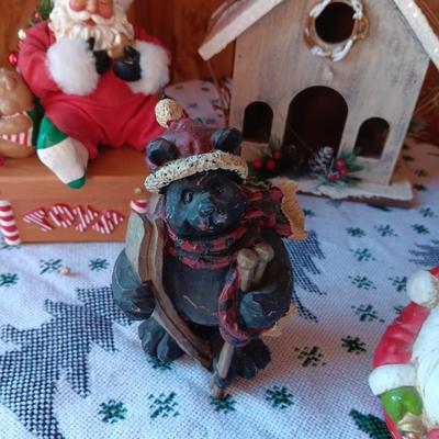 WOODEN CHURCH BIRDHOUSE, SANTA FIGURES AND A BEAR