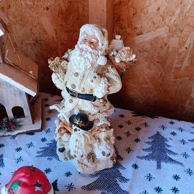 WOODEN CHURCH BIRDHOUSE, SANTA FIGURES AND A BEAR