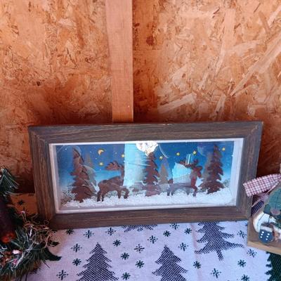 SHADOW BOX PICTURE, WOODEN SNOWMEN FIGURES AND MORE